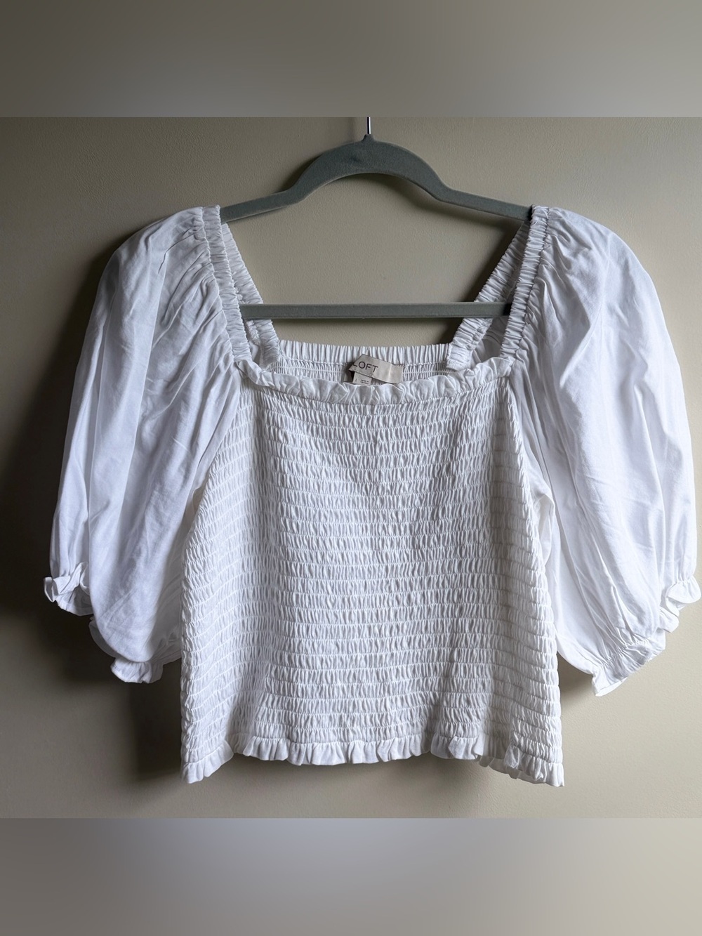 LOFT White Smocked Square-Neck Puff Sleeve Blouse Women’s Size Large